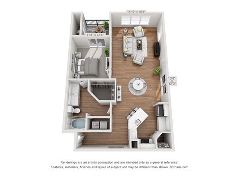 Floor plan for 1 bed, 1 bath, 915 sqft